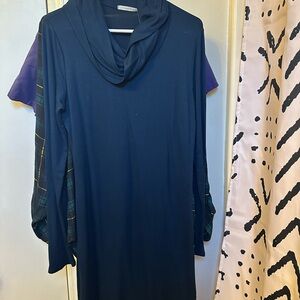 Navy Cowl Neck Dress with Plaid Sleeves